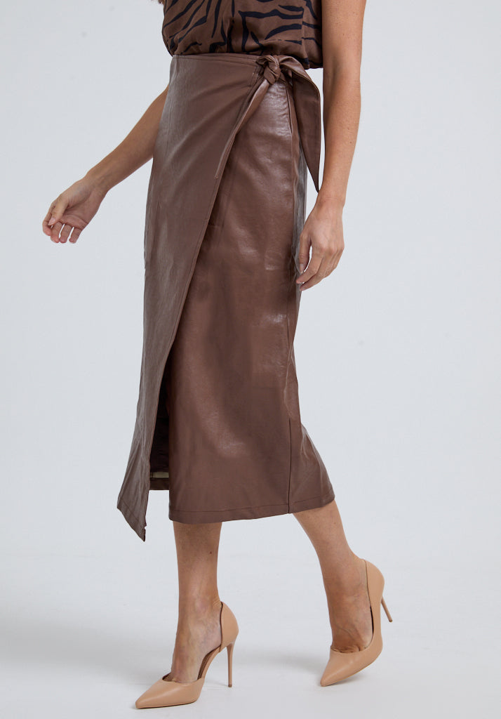 Emily Faux Fur Wrap Midi Skirt In Brown
