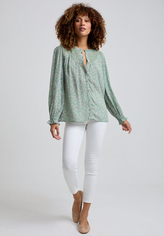 Light green Printed Blouse with gathered cuffs and embroidered neck detail 