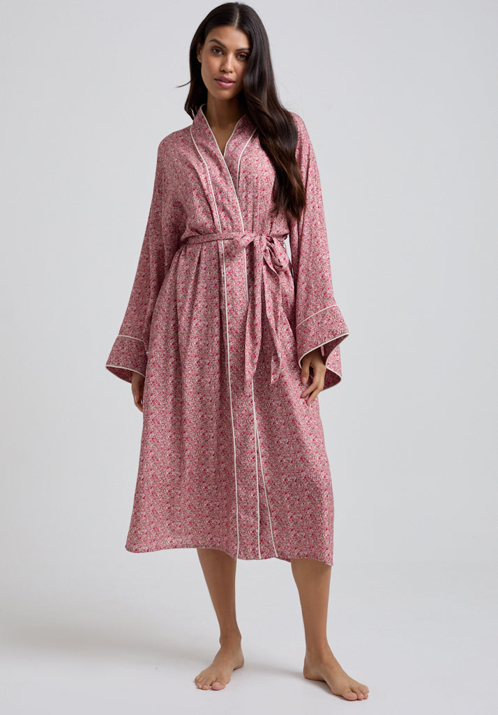 Womens Vintage Print Robe with Tie Waist and Piping Detail