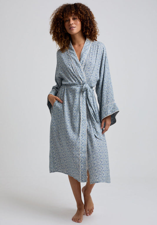 Womens Vintage Print Robe with Tie Waist and Piping Detail in Blue