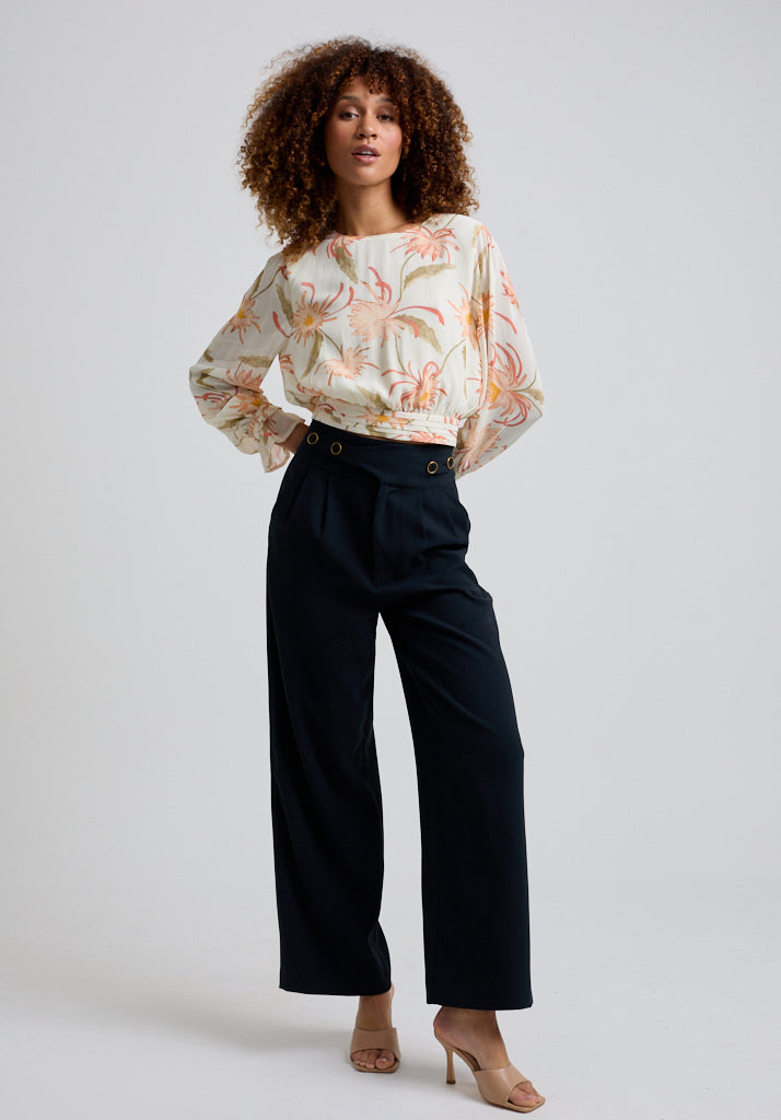 Floral Cropped Blouse with Blouson Sleeve and gathered waistband neck detail