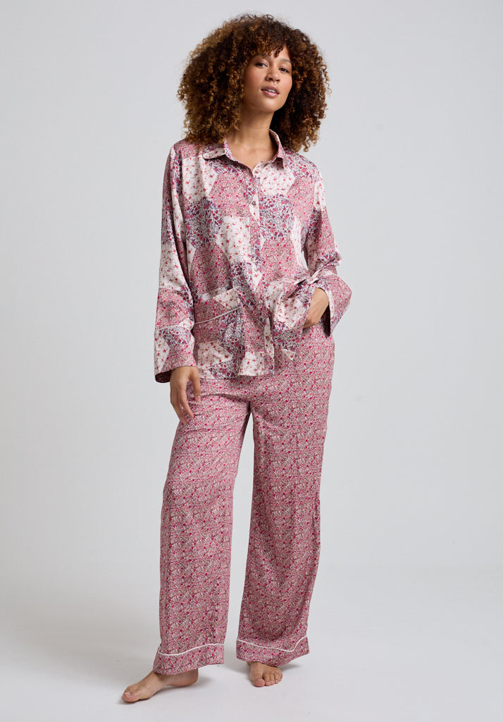 Evie Aster Patchwork Pyjama Set in Pink