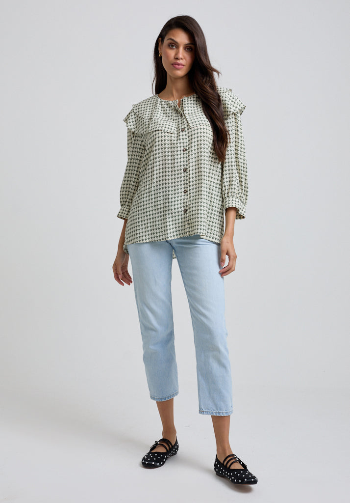 Keira Houndstooth Blouse in Green