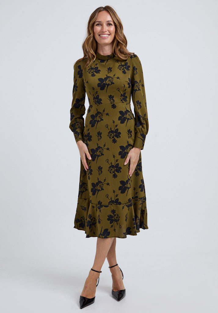 Scarlett Floral Midi Dress in Khaki