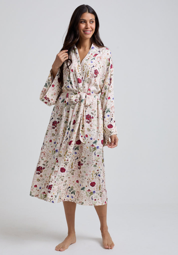 Floral Print Wrap around Robe with tie waist full length