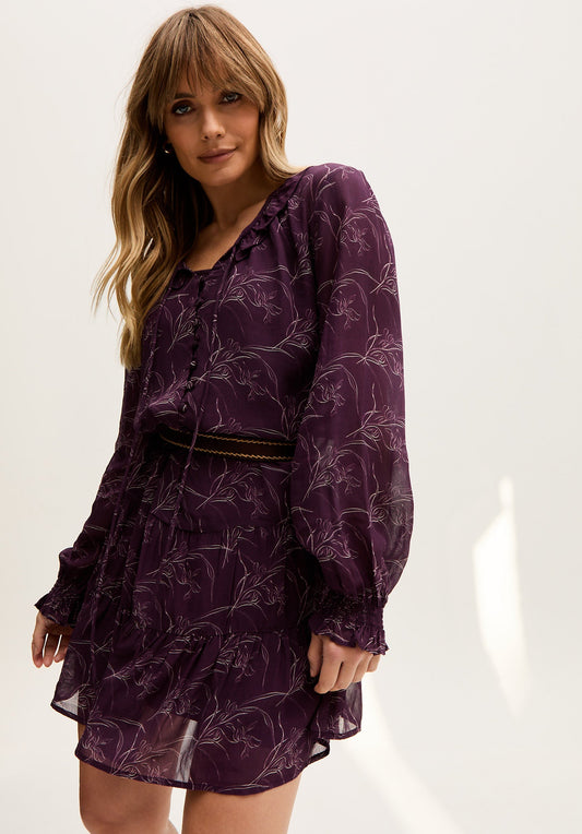 Henrietta Floral Print Button Down Mini Dress In Purple