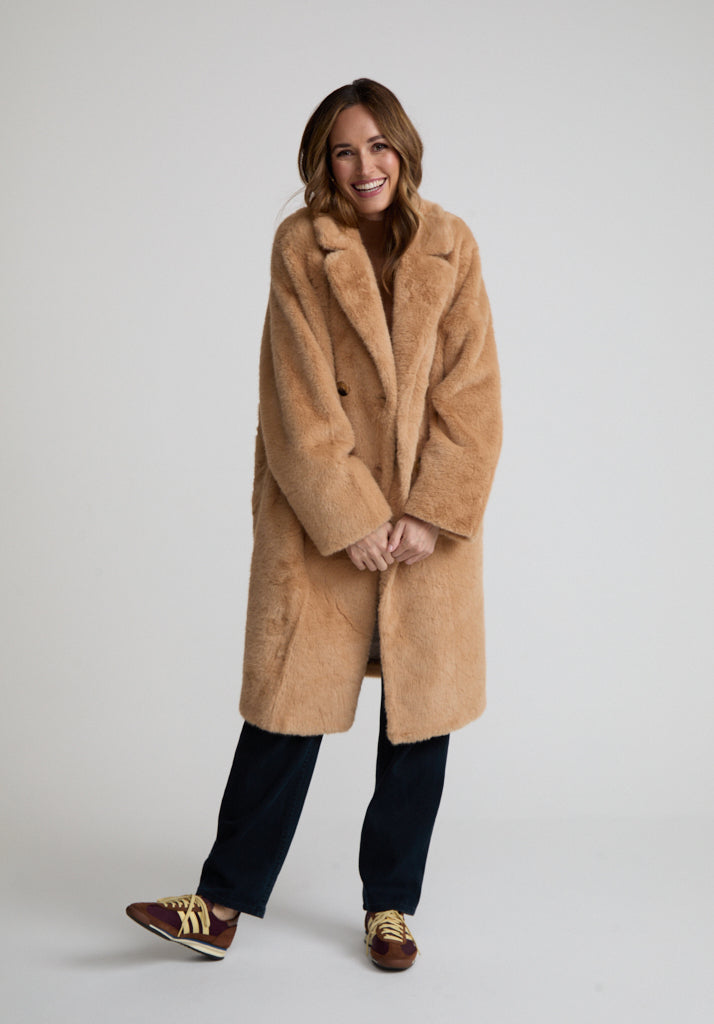 Emma Longline Faux Fur Coat In Brown