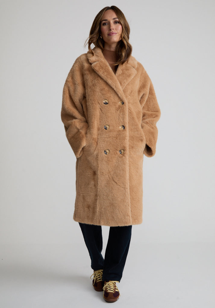 Emma Longline Faux Fur Coat In Brown