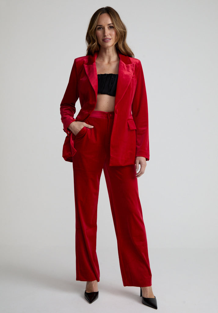 Sienna Straight Leg Velvet Trouser In Red