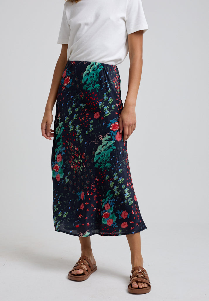 Leaf printed sheer midi skirt with zip fastening