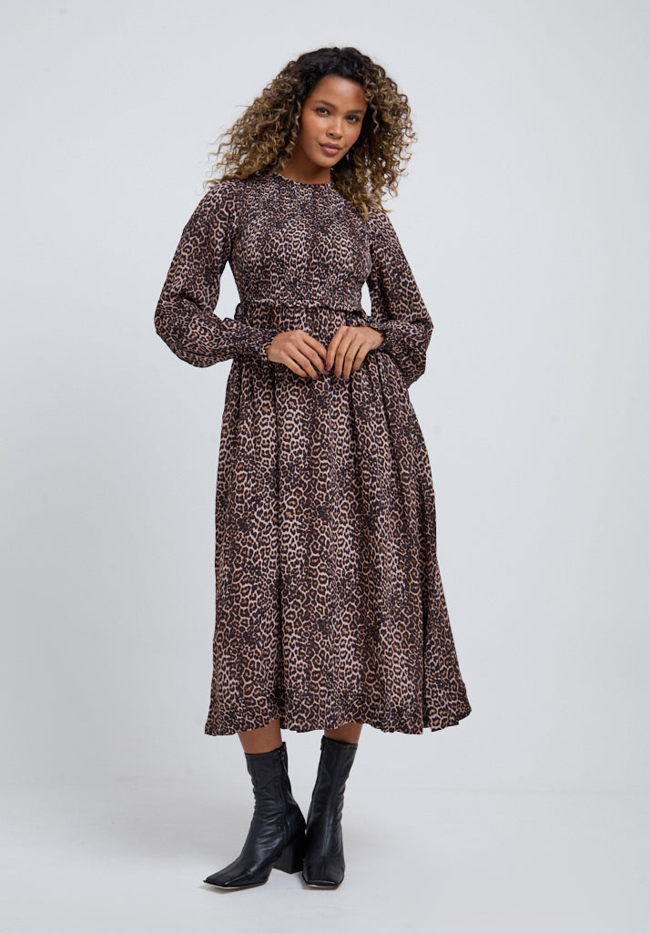 Elsie Big Cat Fullsleeves Midi Dress in Brown