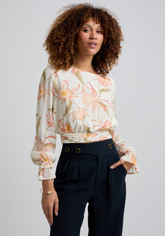 Floral Cropped Blouse with Blouson Sleeve and gathered waistband