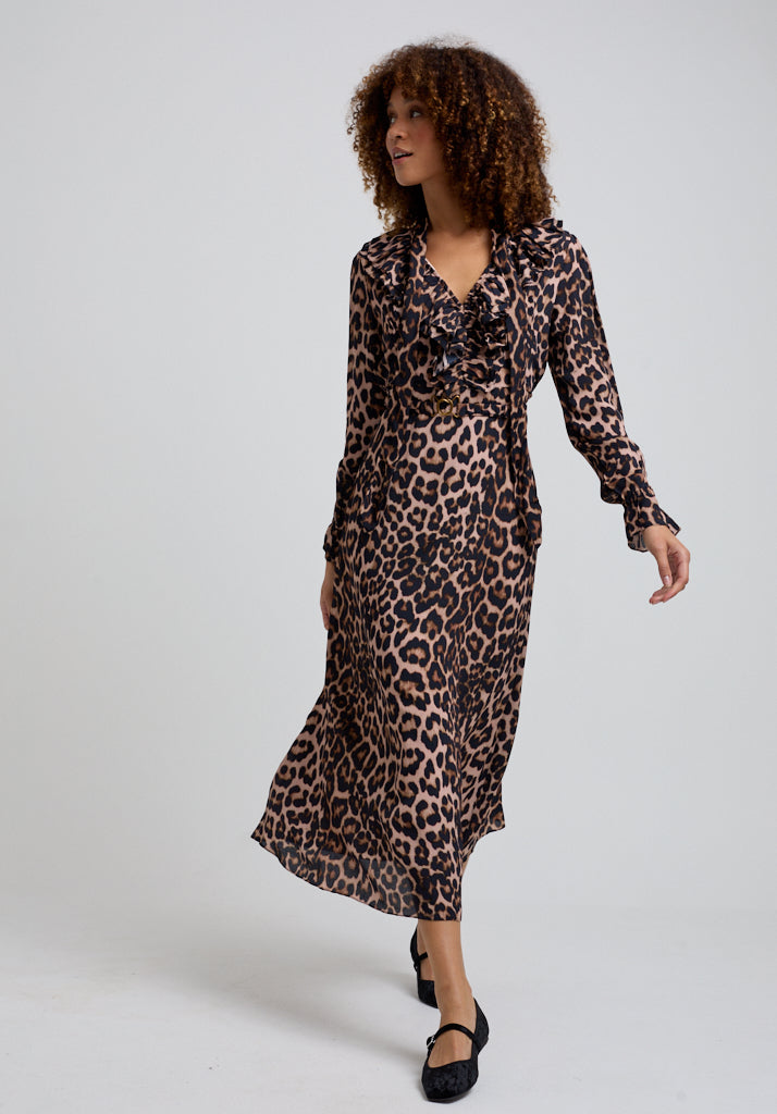 Margot Big Cat Midi Dress in Brown