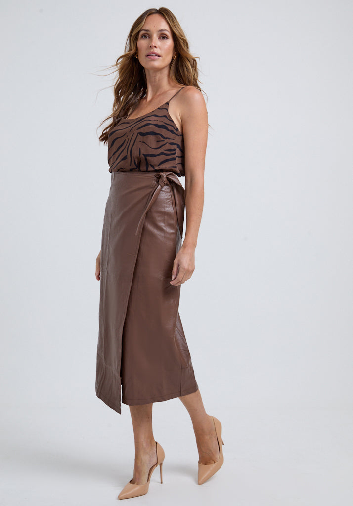 Emily Faux Fur Wrap Midi Skirt In Brown