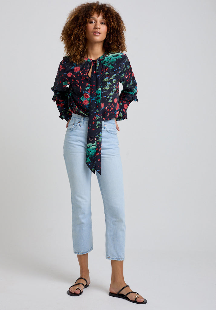 Leaf printed Tie Neck Blouse with Long sleeve and ruffle detail