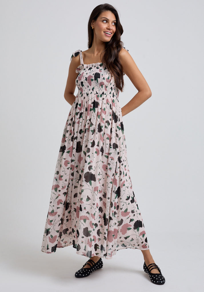 Floral Printed Midi dress with tie shoulder detail and gathered bust