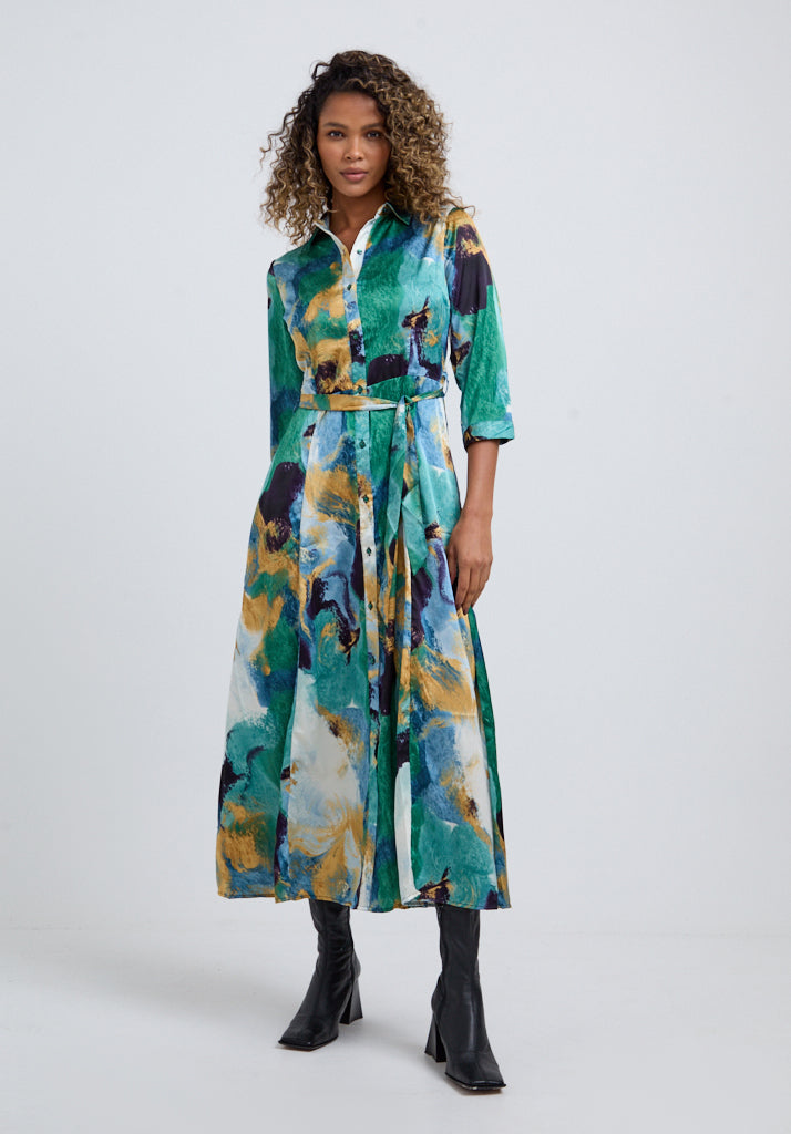 Hazel Button Down Painterly Print Midi Dress In Green