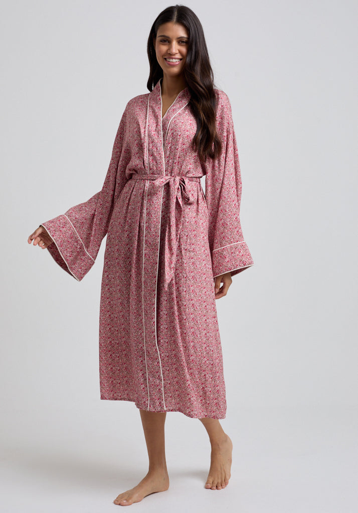 Womens Vintage Print Robe with Tie Waist and Piping Detail