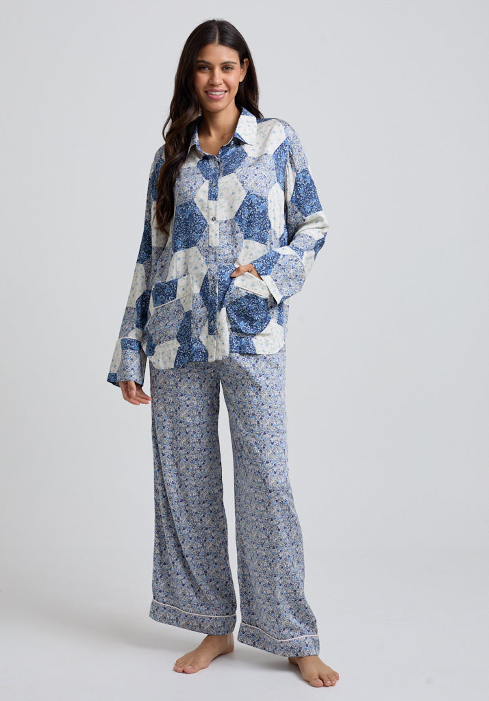 Evie Aster Patchwork Pyjama Set in Blue