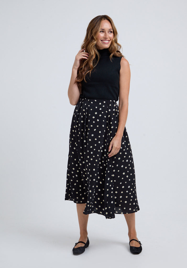 Mila Side Slit Daisy Print Midi Skirt In Black