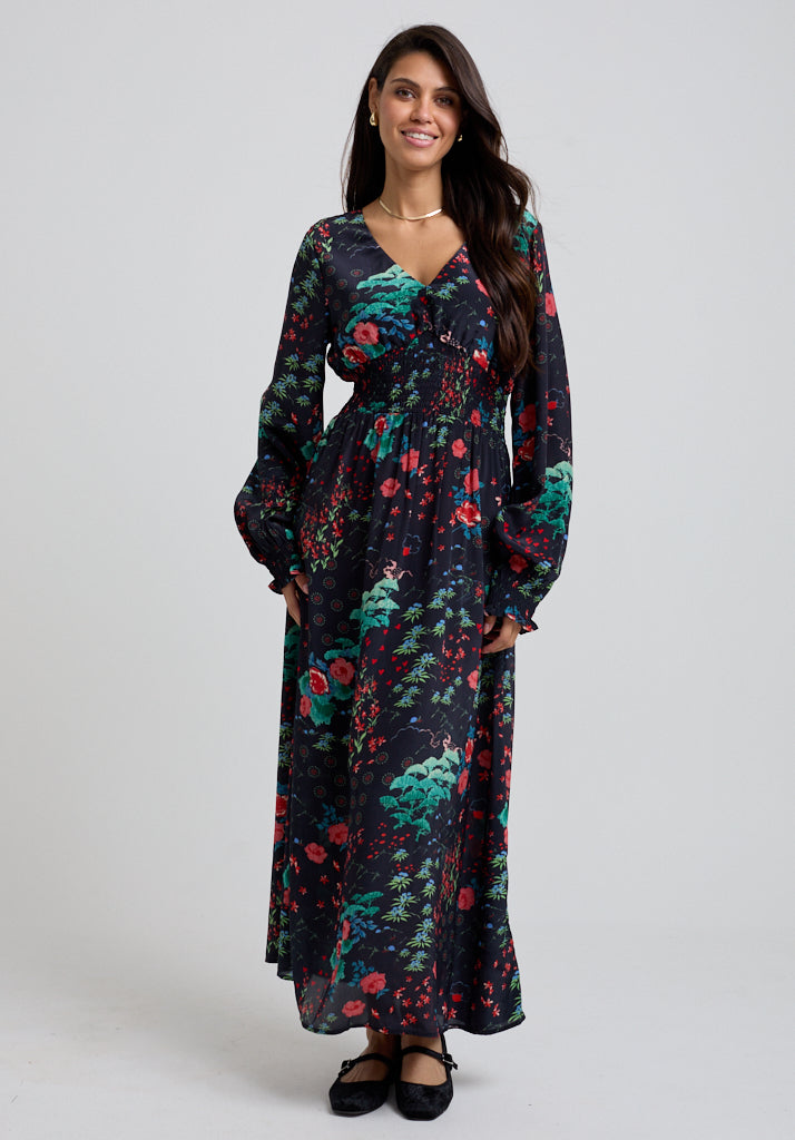 Leaf printed Long Sleeve Midi dress with V neck