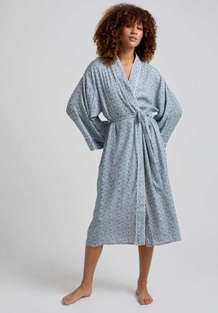 Womens Vintage Print Robe with Tie Waist and Piping Detail in Blue