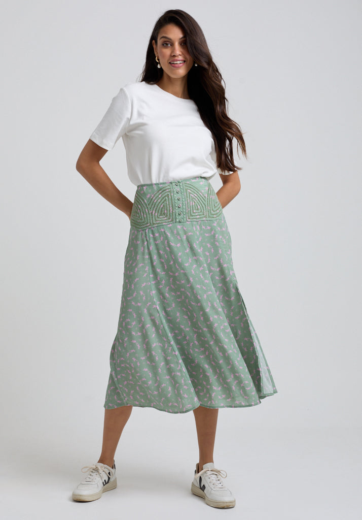 Light green Printed midi skirt with button waist and knee length split