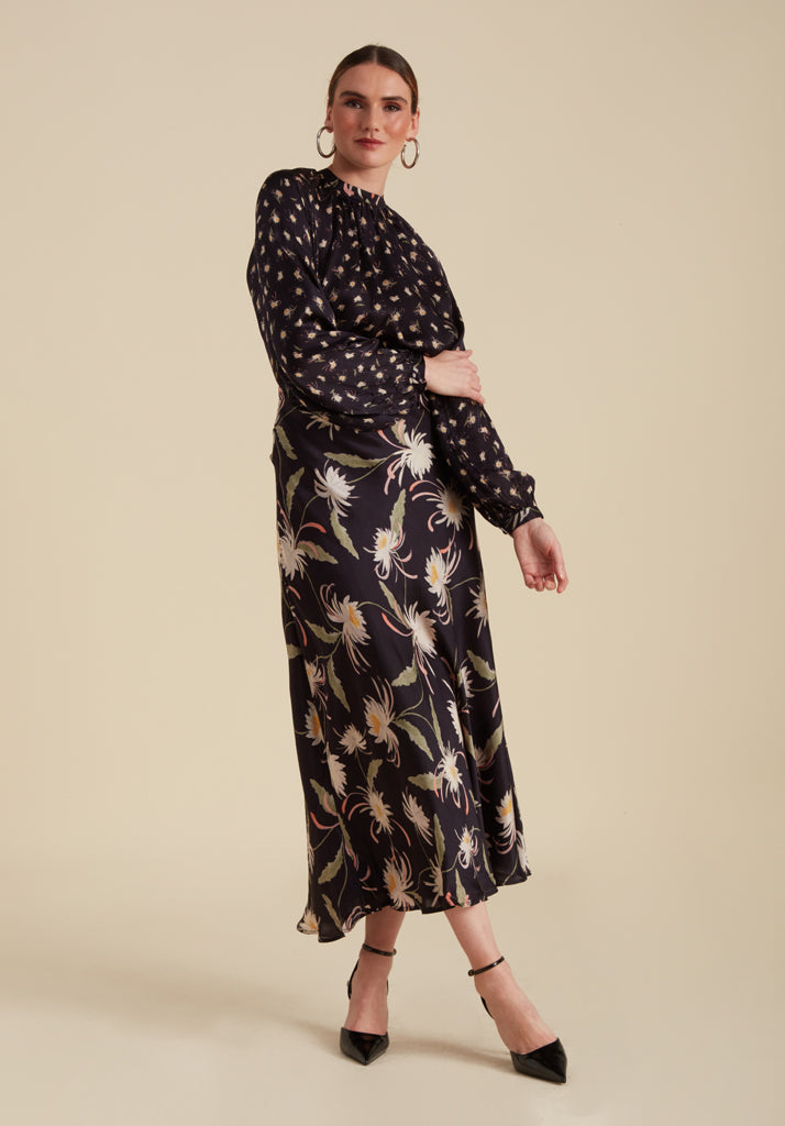 Clara Moonflower Midi Skirt in Navy