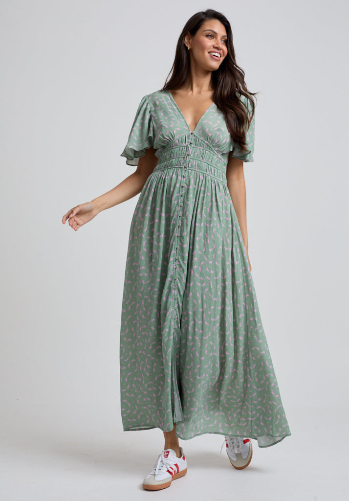 Light green V Neck Printed Midi dress with gathered waist and fluted sleeve