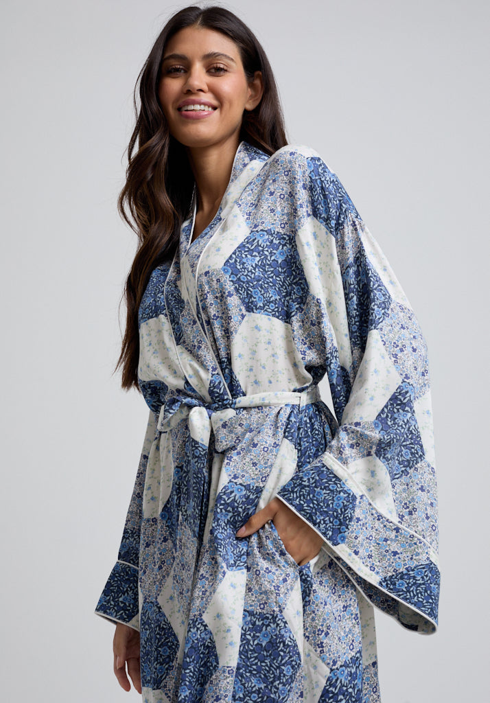 Corina Aster Patchwork Robe in Blue