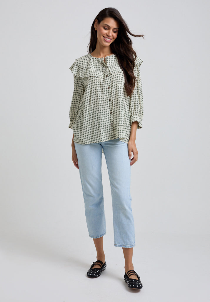 Keira Houndstooth Blouse in Green