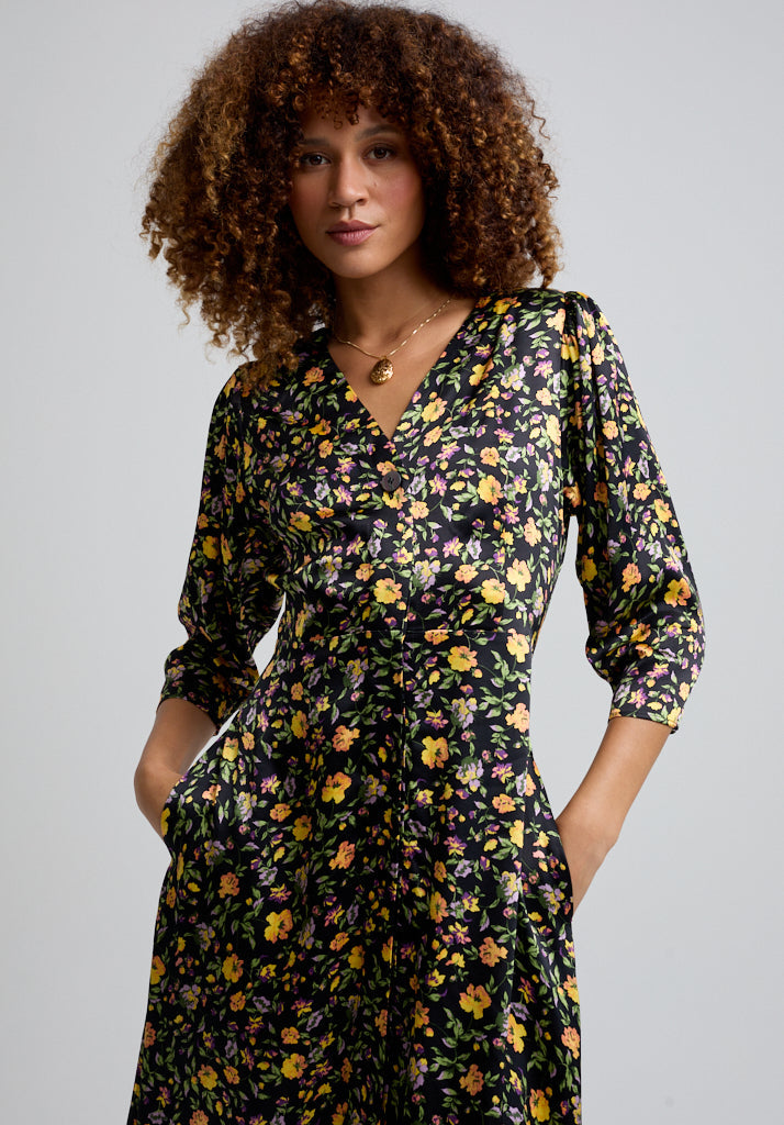 Floral Printed Midi Dress with buttons and 3/4 sleeves