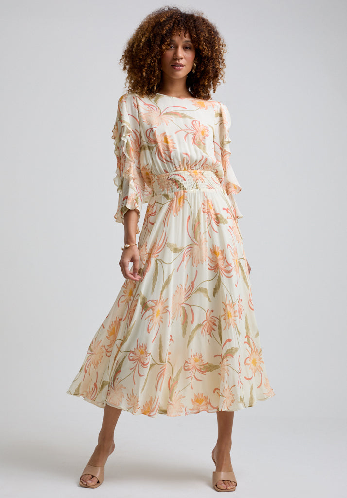 Floaty printed floral Midi dress with ruffle sleeve and gathered waist