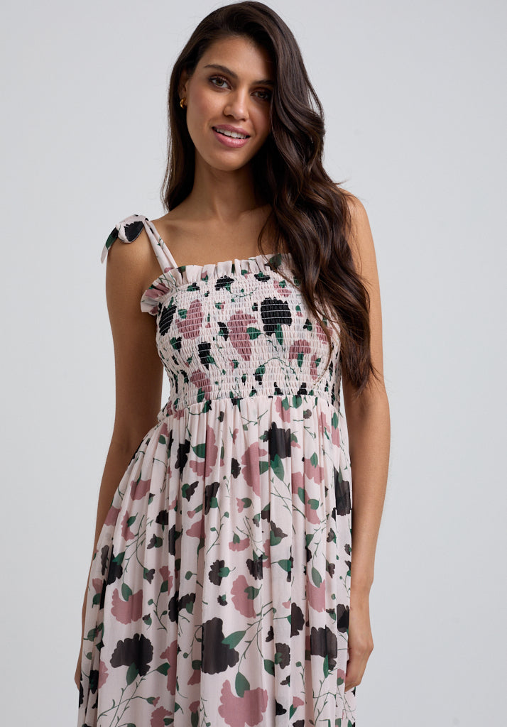 Floral Printed Midi dress with tie shoulder detail and gathered bust