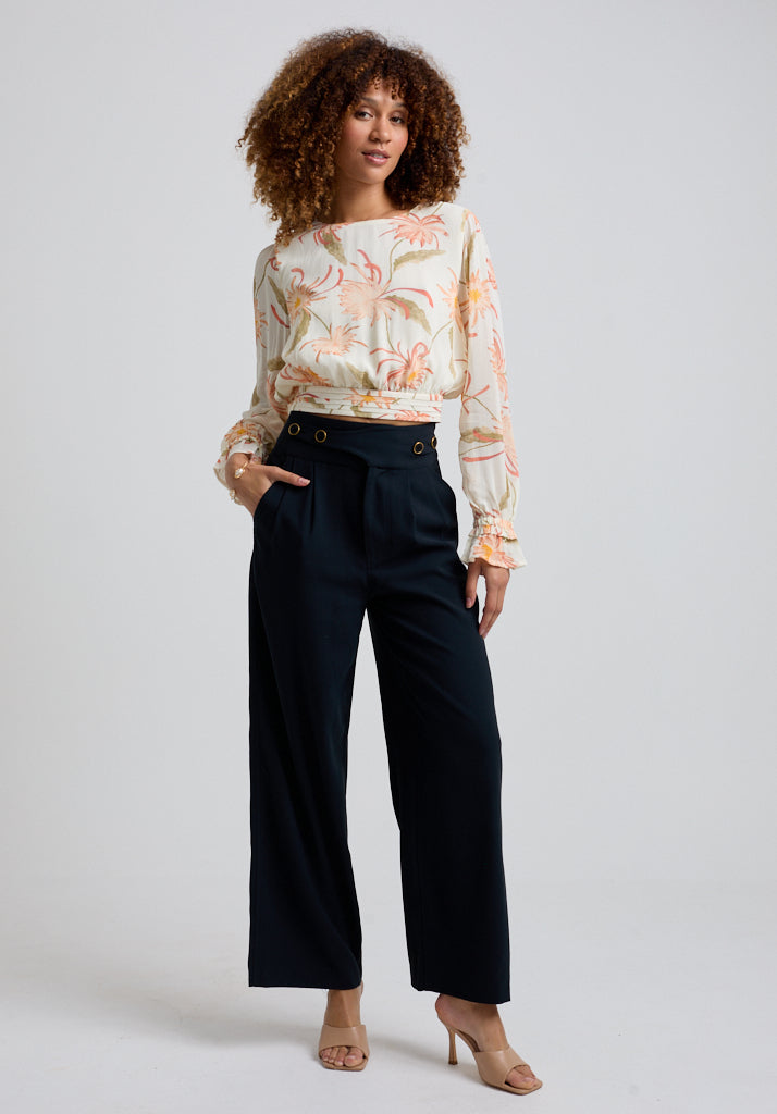 Floral Cropped Blouse with Blouson Sleeve and gathered waistband styled with denim jeans