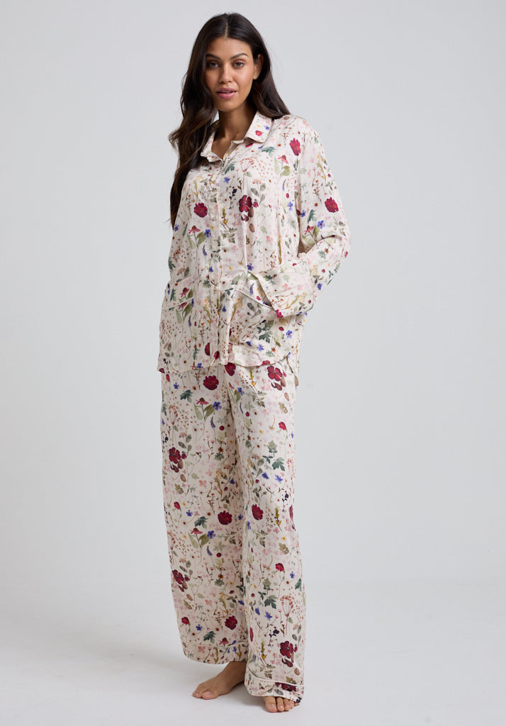 Evie Pressed Floral Pyjama Set in Cream