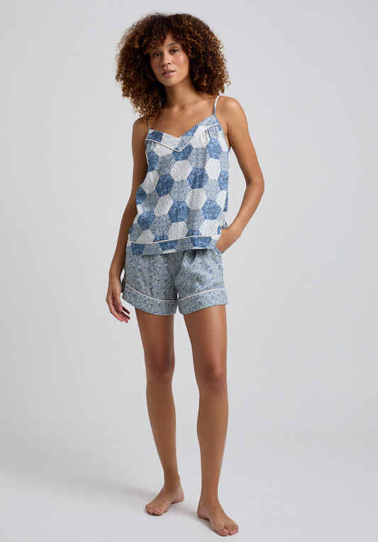 Patchwork Printed Cami and Short Pyjama Set with piping detail in Blue