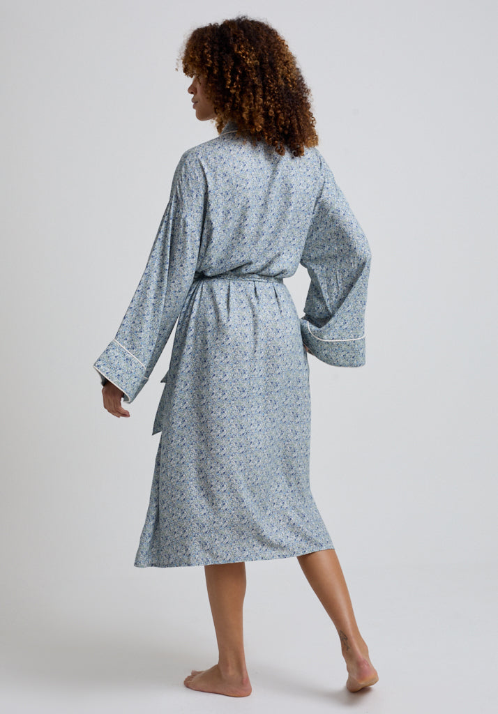 Womens Vintage Print Robe with Tie Waist and Piping Detail in Blue