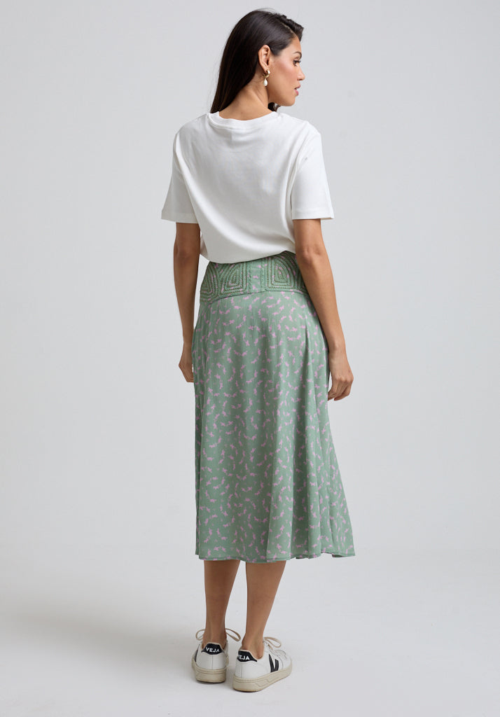 Light green Printed midi skirt with button waist and knee length split