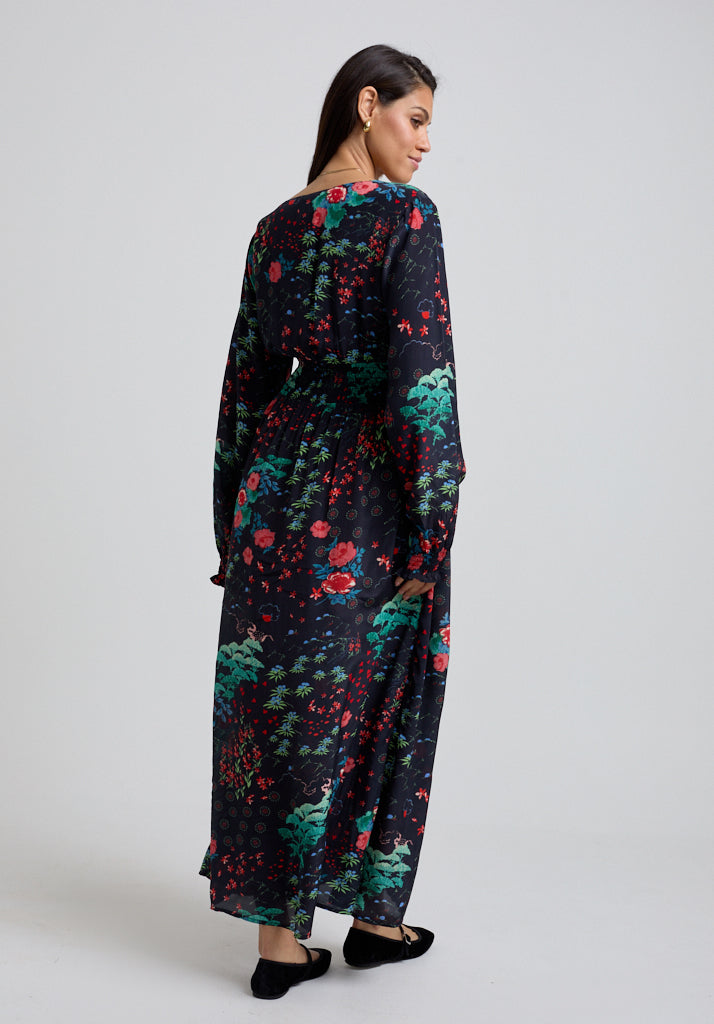 Leaf printed Long Sleeve Midi dress with V neck