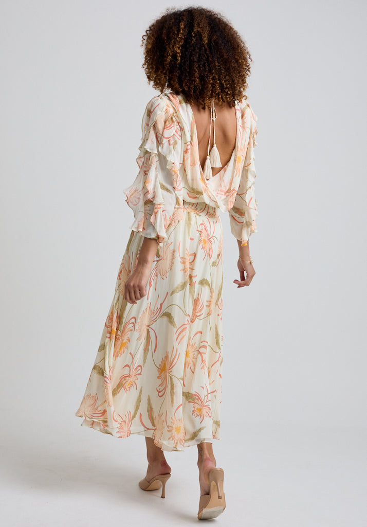 Floaty printed floral Midi dress with ruffle sleeve and gathered waist