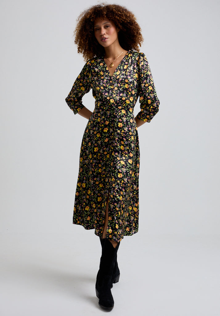 Floral Printed Midi Dress with buttons and 3/4 sleeves