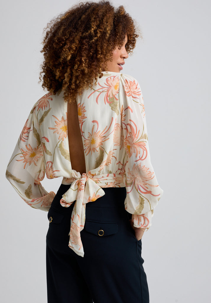 Floral Cropped Blouse with Blouson Sleeve and gathered waistband back tie detail