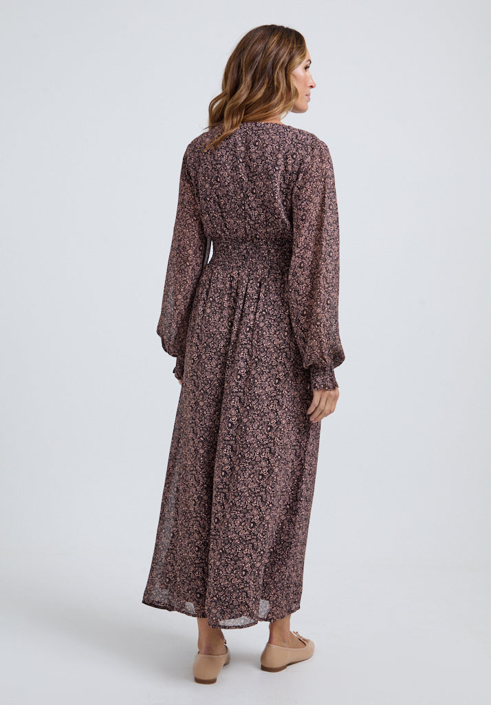 Pearl Harvest Midi Dress In Brown