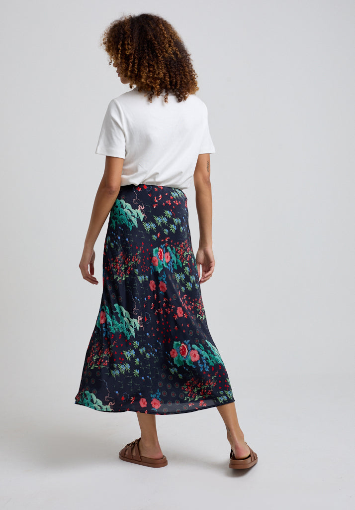 Leaf printed sheer midi skirt with zip fastening