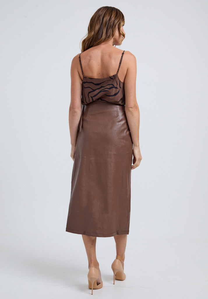Emily Faux Fur Wrap Midi Skirt In Brown