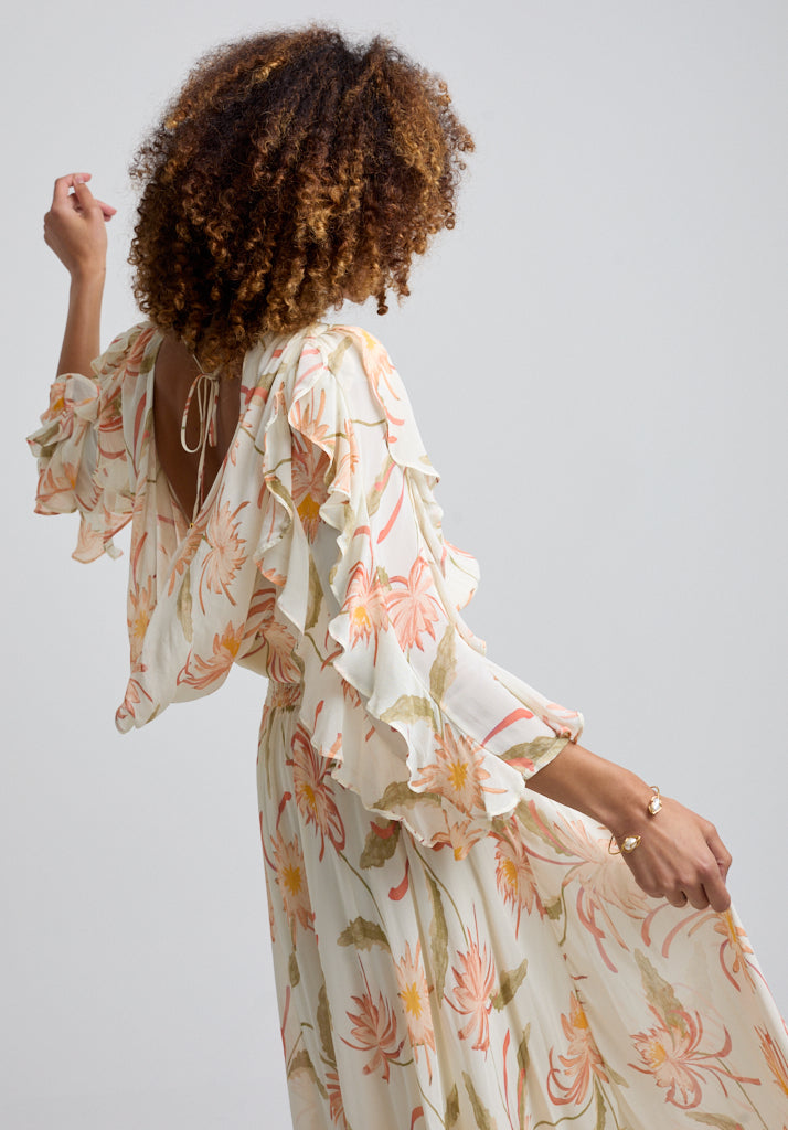 Floaty printed floral Midi dress with ruffle sleeve and gathered waist