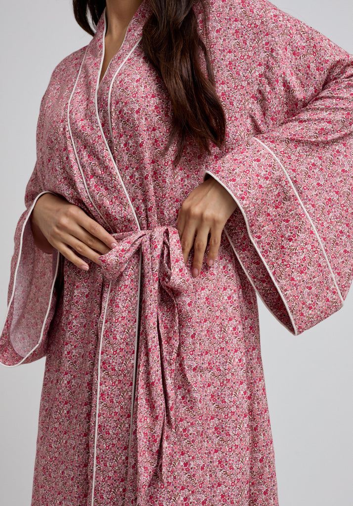 Womens Vintage Print Robe with Tie Waist and Piping Detail