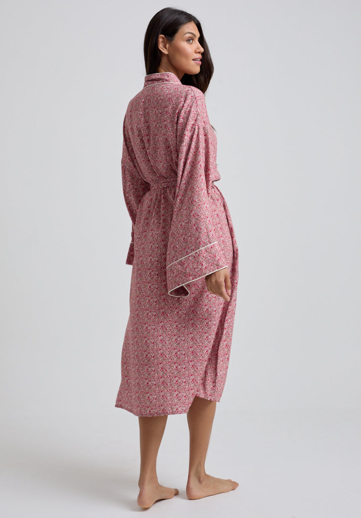 Womens Vintage Print Robe with Tie Waist and Piping Detail