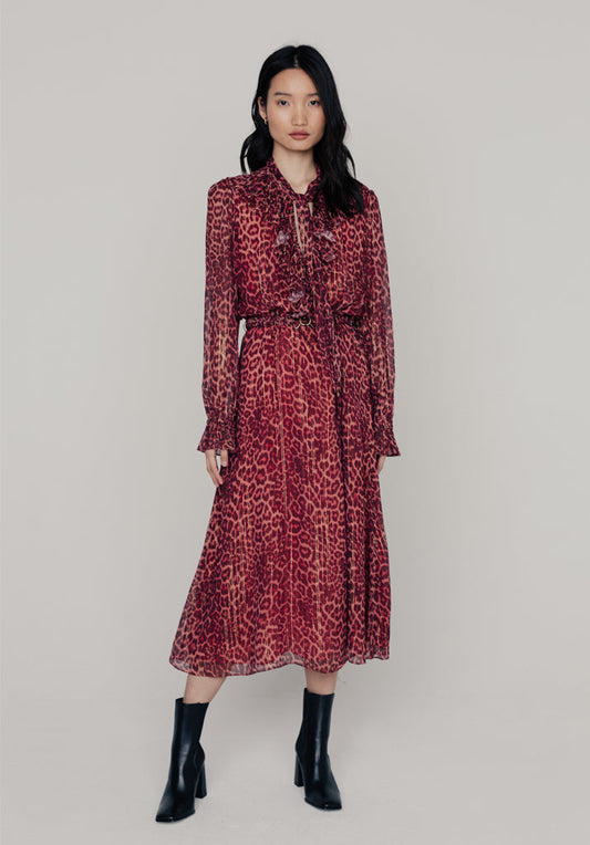 Fifi Leopard Midi Dress in Burgundy